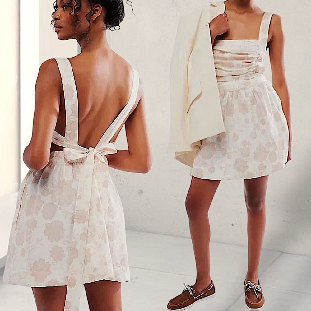 FREE PEOPLE Meet Me In Maui Pink/Ivory Dress fit& flare bow backless Large NWT